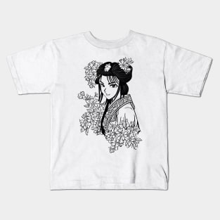 Retro manga geisha girl, black and white drawing Kids T-Shirt